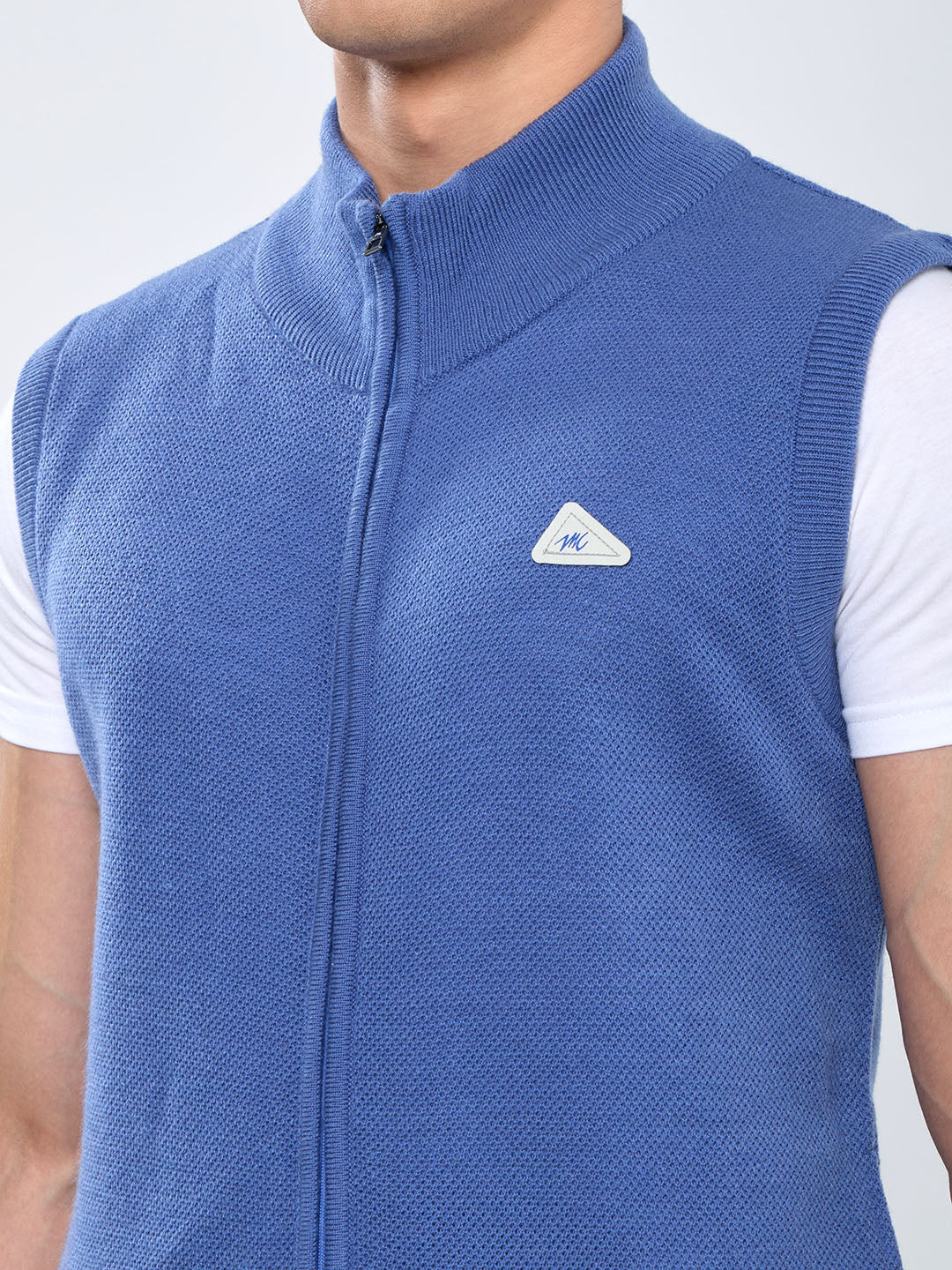 Men Blue Solid Collar Sleeveless Sweater