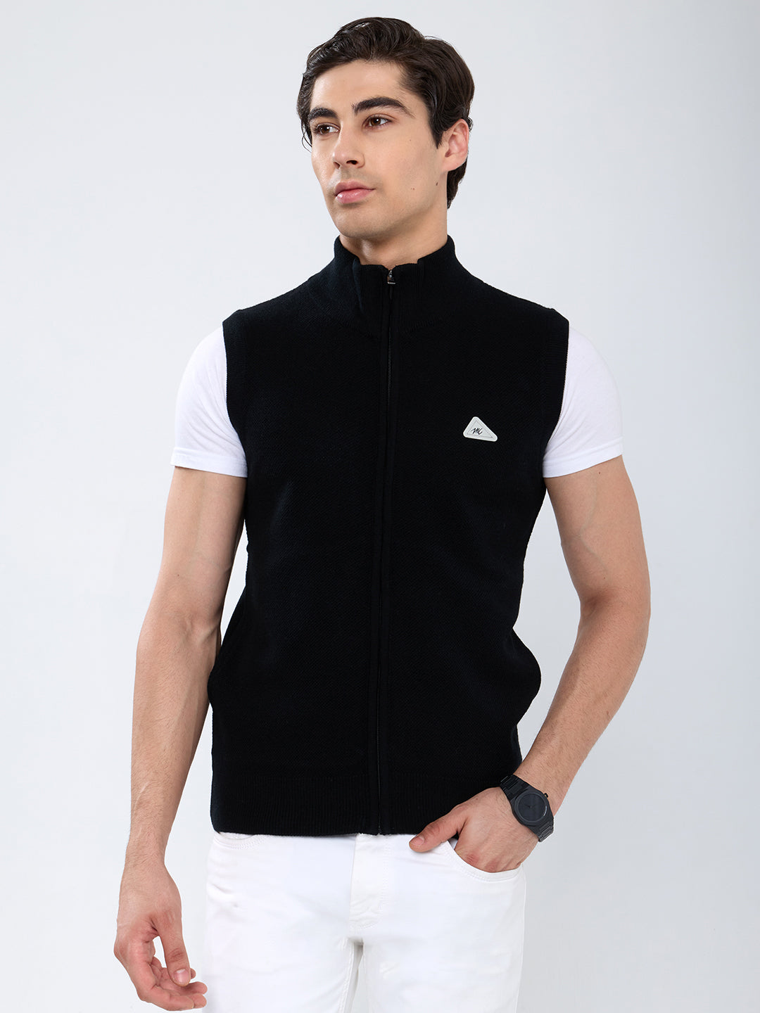 Men Black Solid Collar Sleeveless Sweater