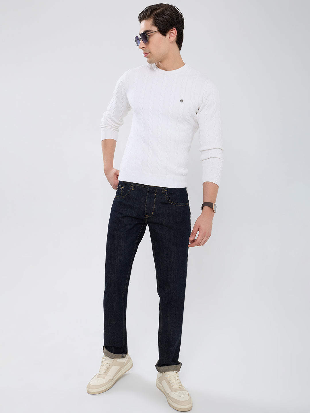 Men White Self Design Round Neck Full Sleeve Pullover