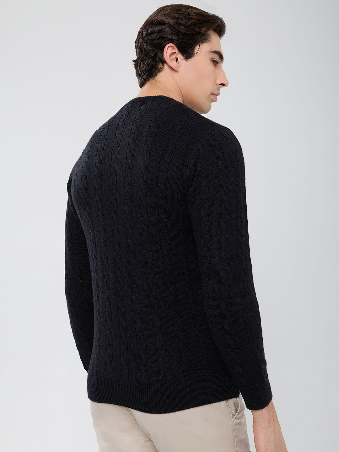 Men Black Self Design Round Neck Full Sleeve Pullover