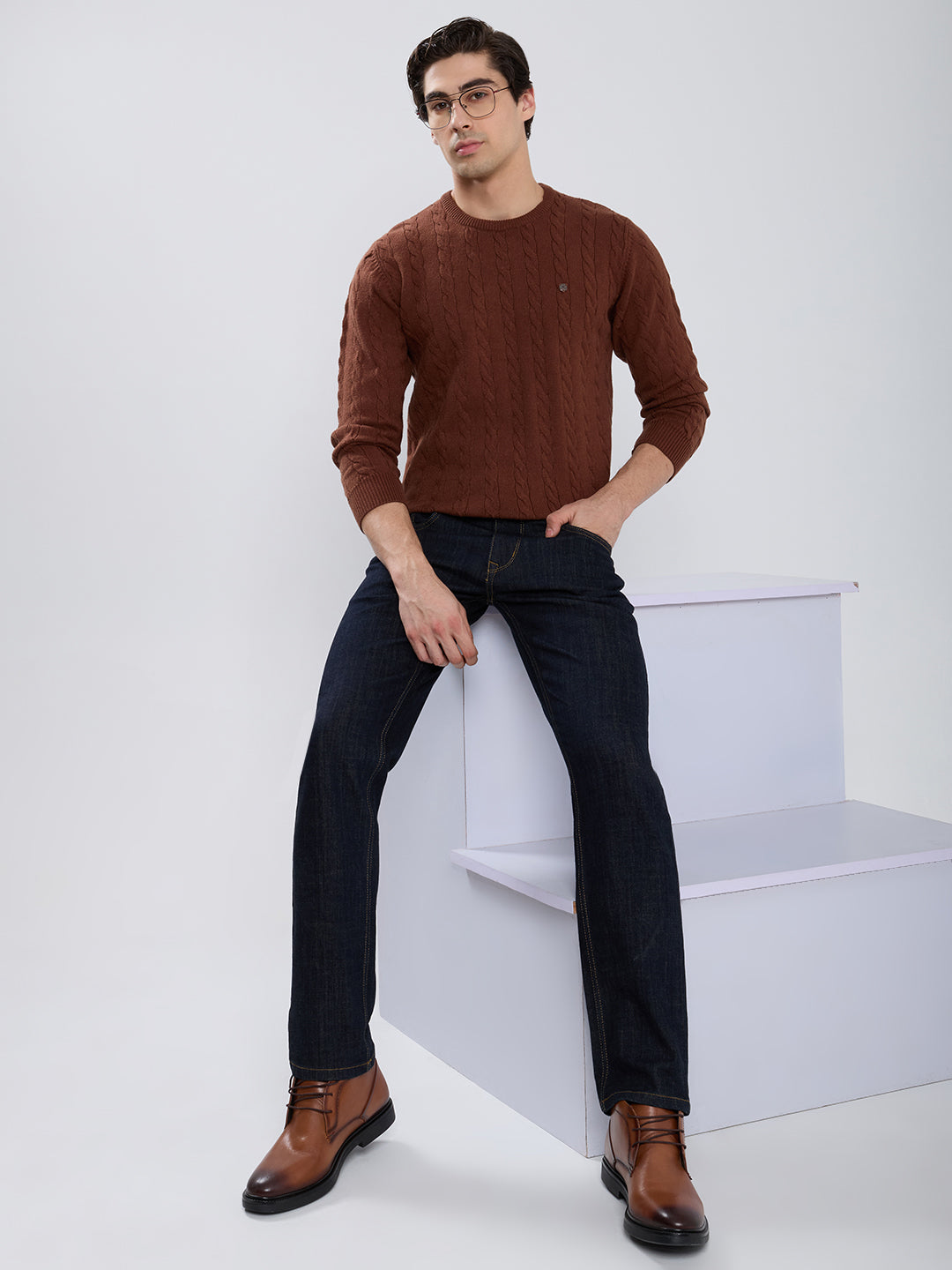 Men Camel Brown Self Design Round Neck Full Sleeve Pullover
