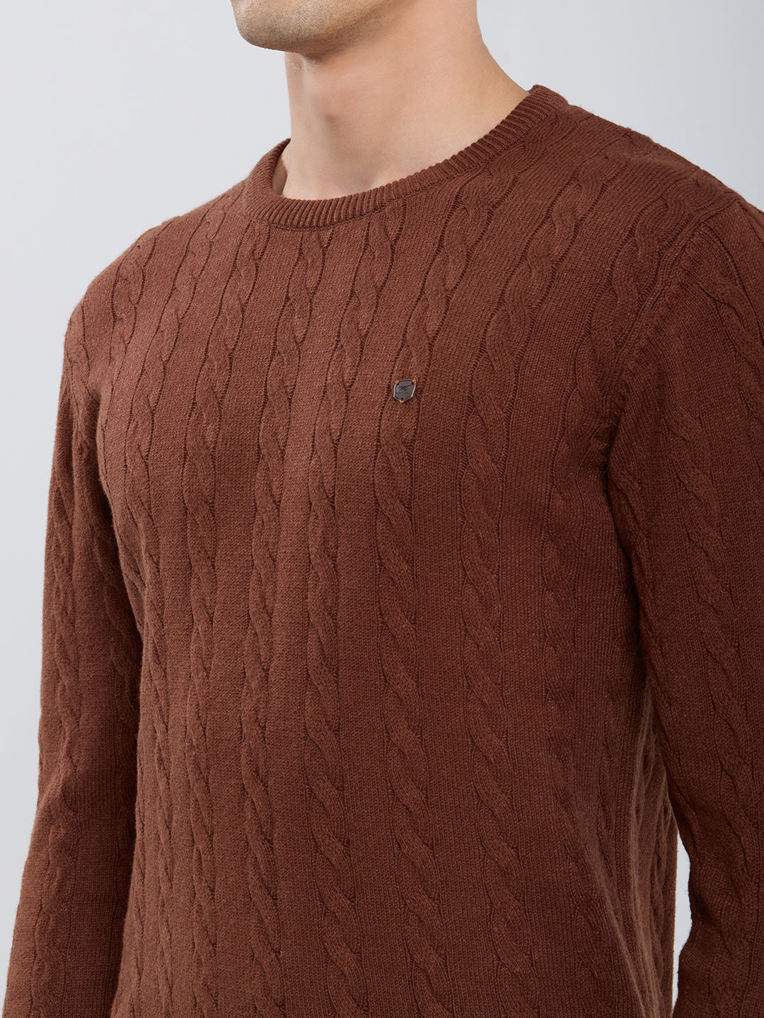 Men Camel Brown Self Design Round Neck Full Sleeve Pullover