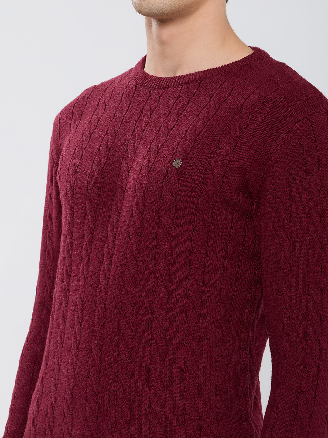 Men Maroon Self Design Round Neck Full Sleeve Pullover