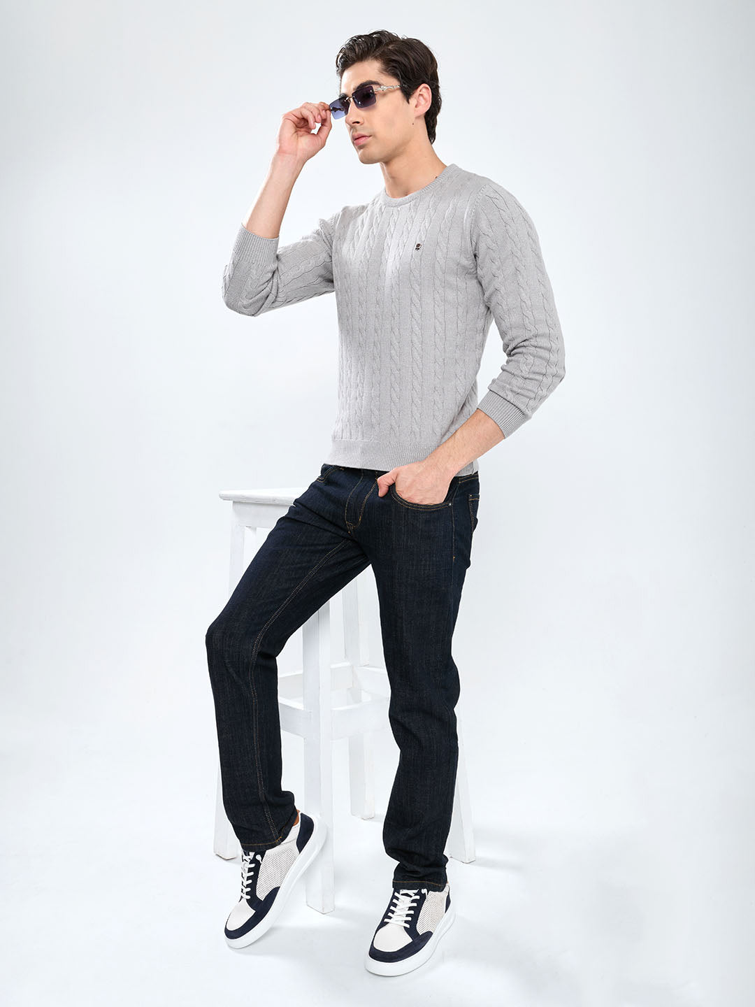 Men Grey Self Design Round Neck Full Sleeve Pullover