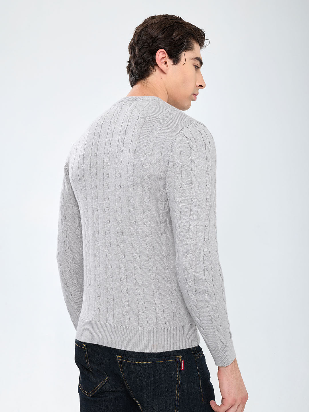 Men Grey Self Design Round Neck Full Sleeve Pullover