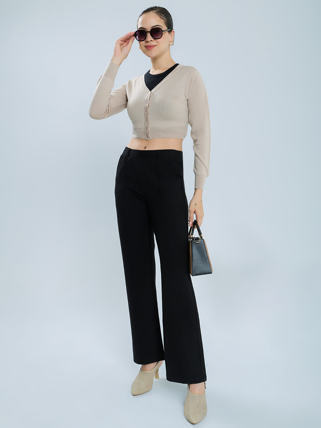 Women Beige Solid V Neck Full Sleeve Blouse