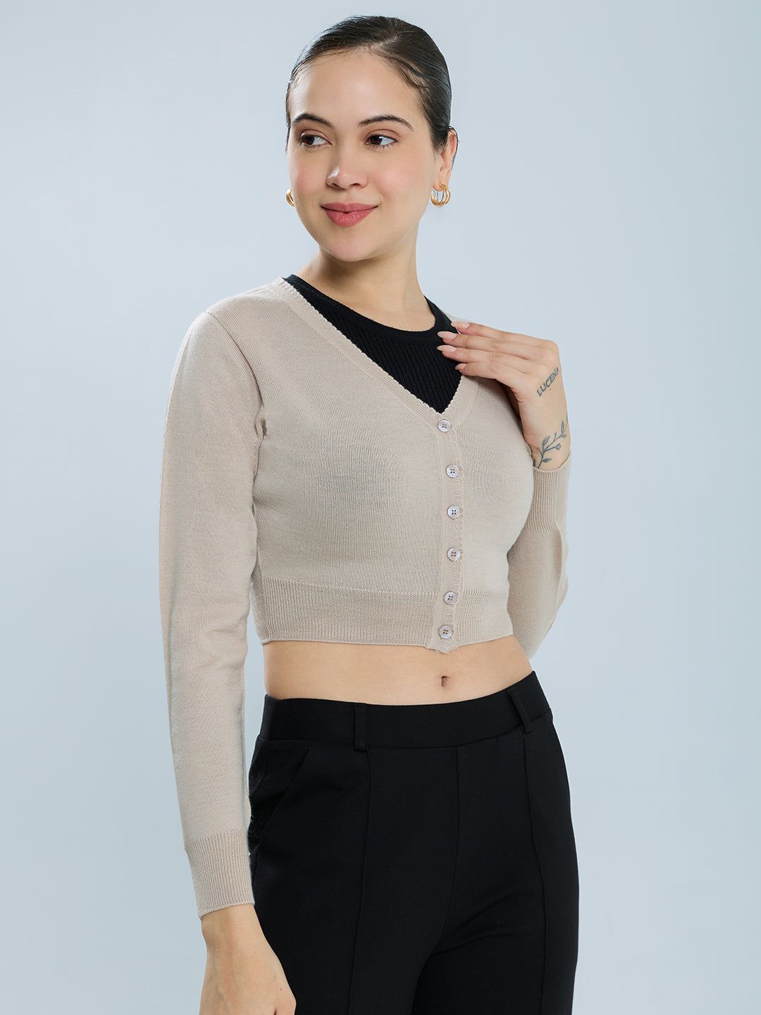 Women Beige Solid V Neck Full Sleeve Blouse