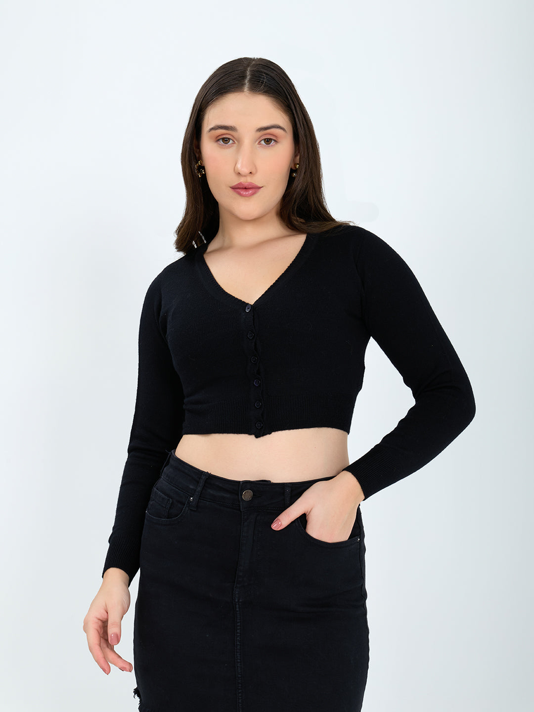 Women Black Solid Front Open Full Sleeve Blouse