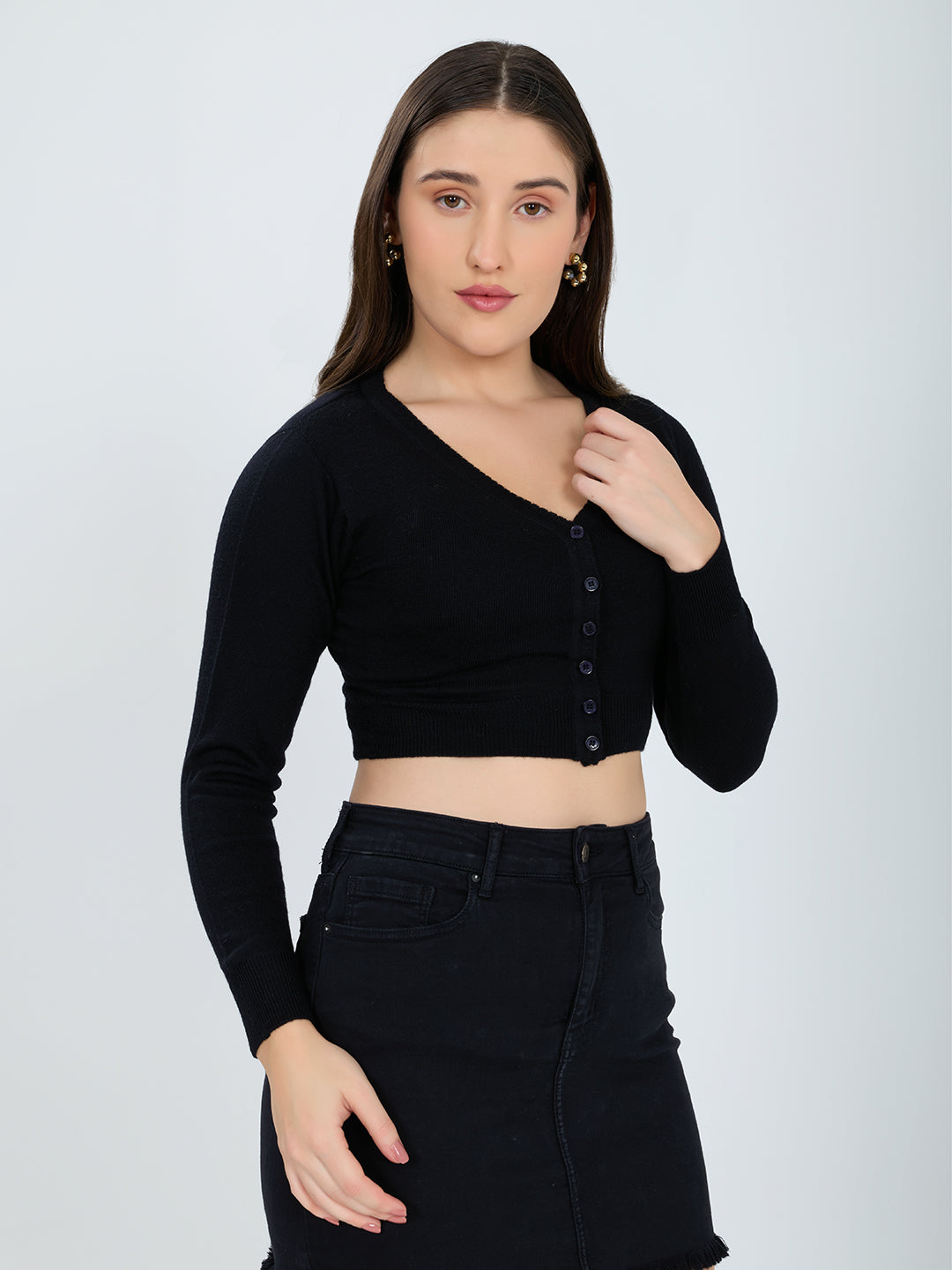 Women Black Solid Front Open Full Sleeve Blouse