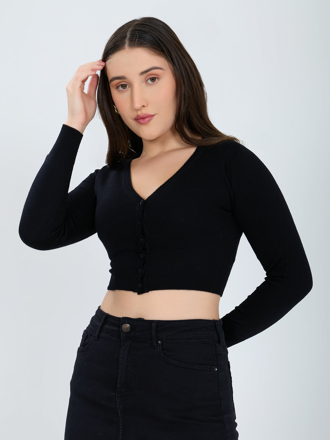 Women Black Solid Front Open Full Sleeve Blouse