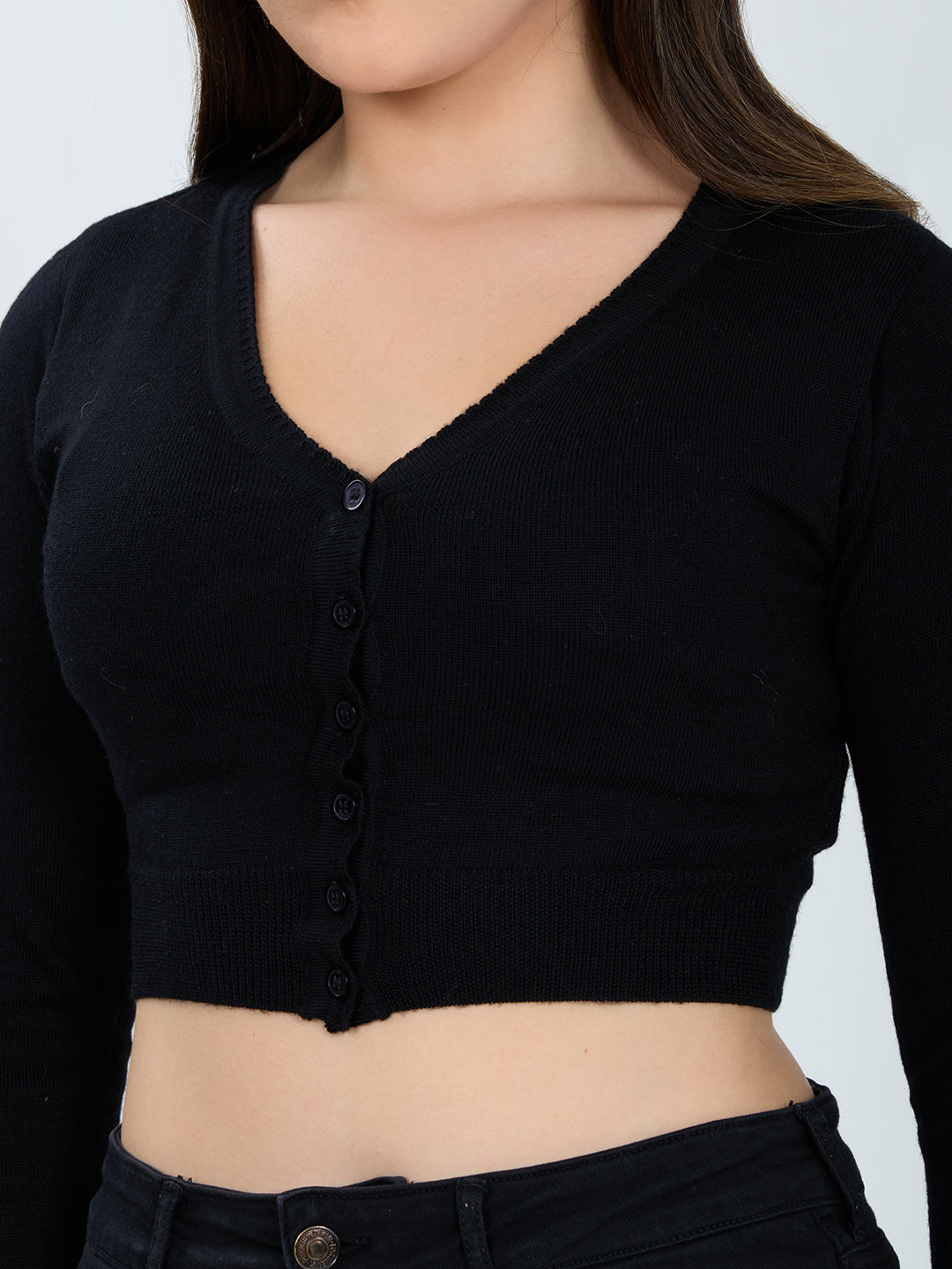 Women Black Solid Front Open Full Sleeve Blouse
