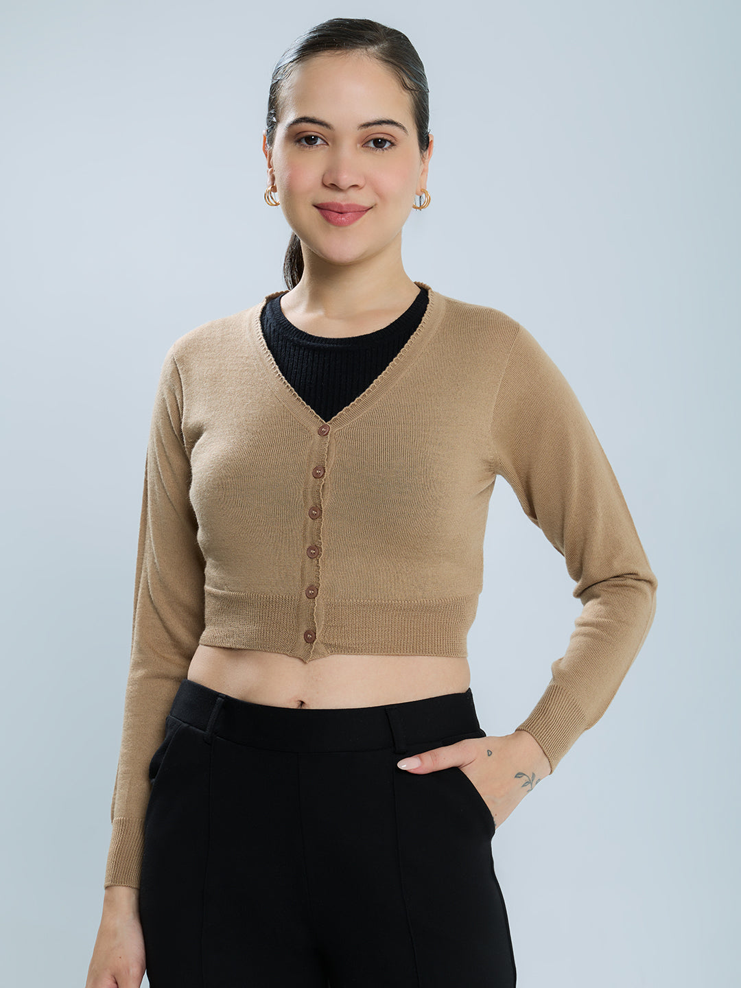 Women Camel Brown Solid V Neck Full Sleeve Blouse