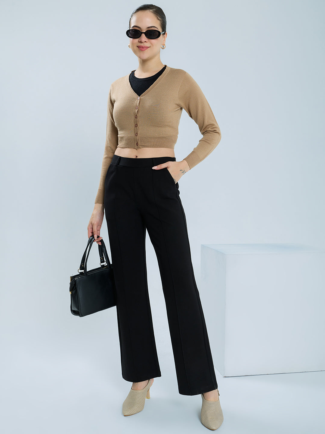 Women Camel Brown Solid V Neck Full Sleeve Blouse
