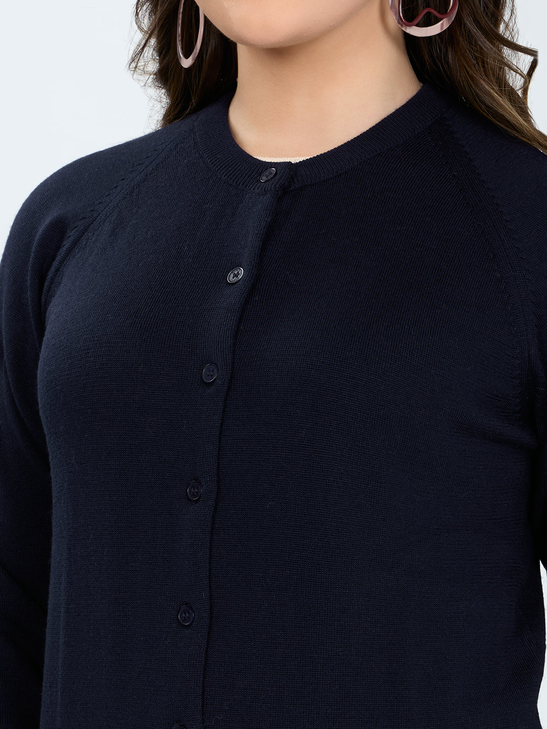 Women Navy Blue Solid Round Neck Full Sleeve Cardigan