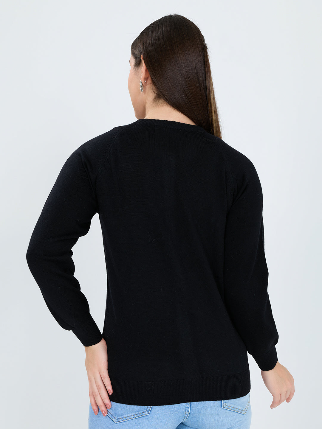 Women Black Solid Round Neck Full Sleeve Cardigan