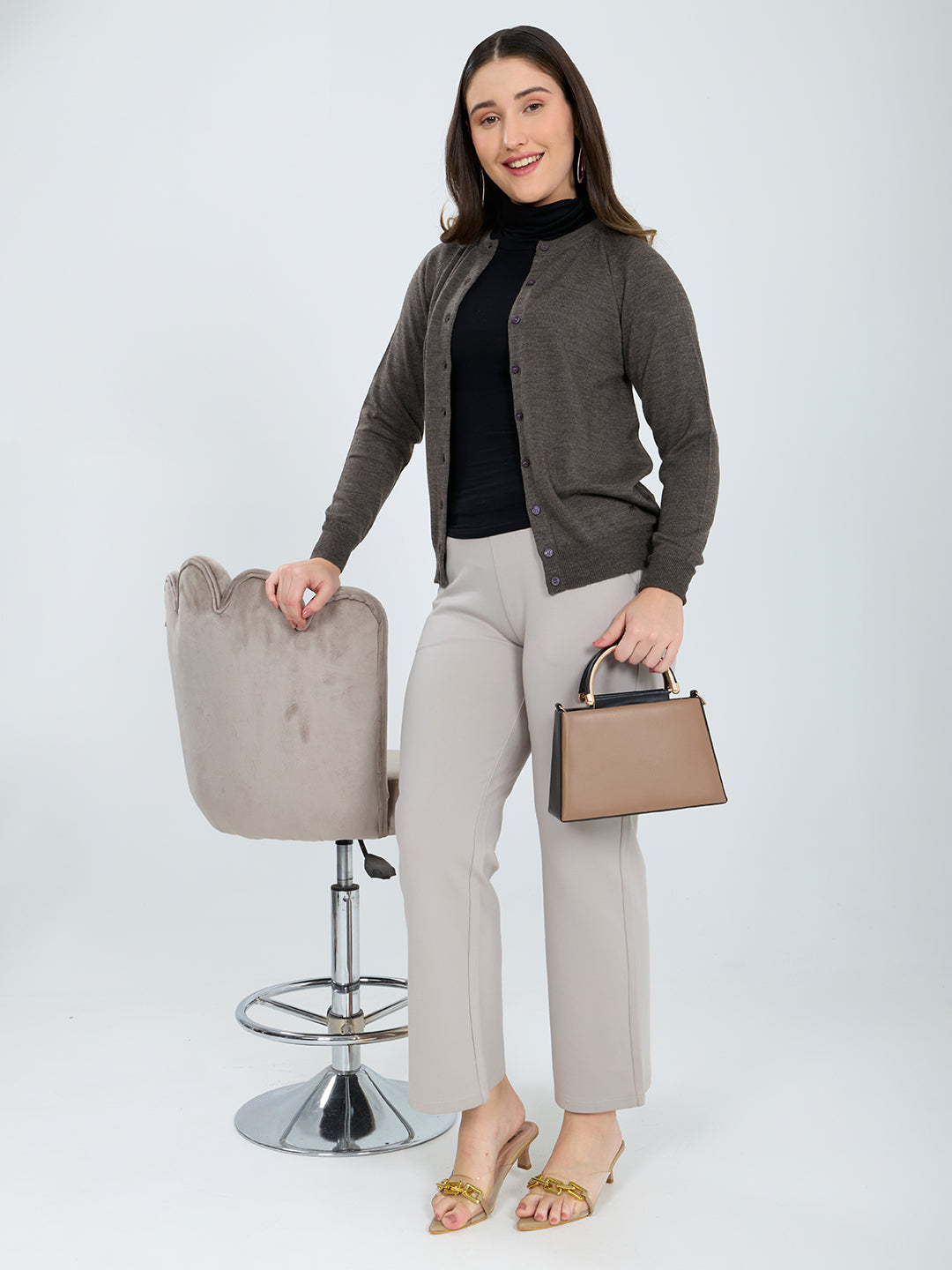 Women Grey Solid Round Neck Full Sleeve Cardigan