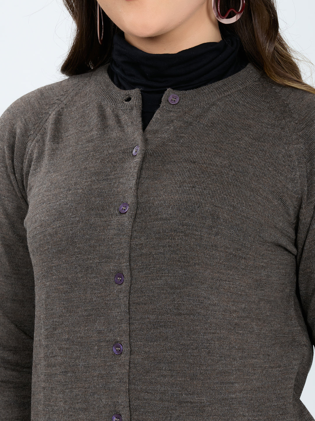Women Grey Solid Round Neck Full Sleeve Cardigan