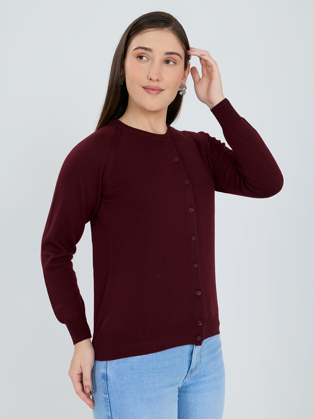 Women Maroon Solid Round Neck Full Sleeve Cardigan