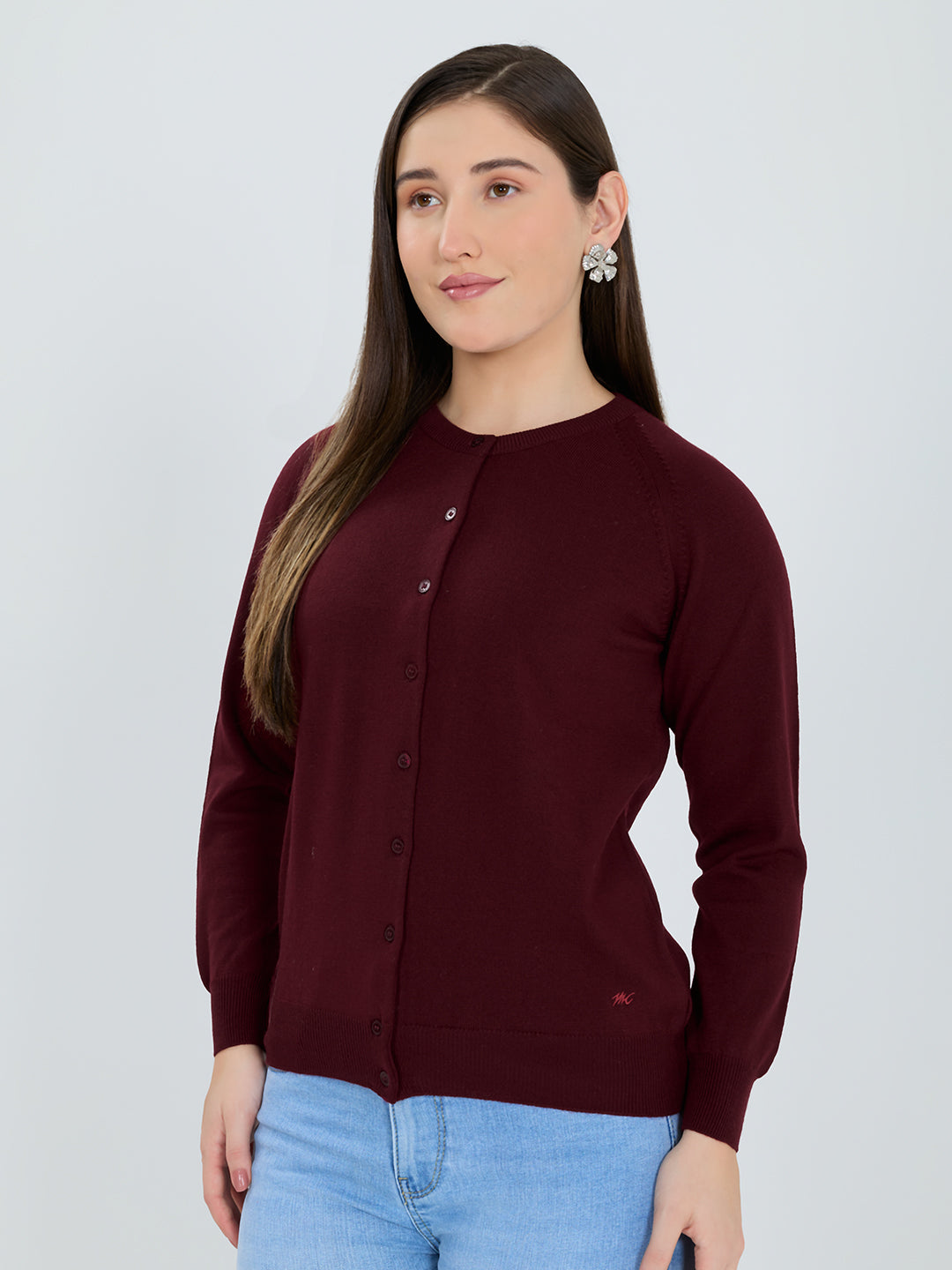 Women Maroon Solid Round Neck Full Sleeve Cardigan
