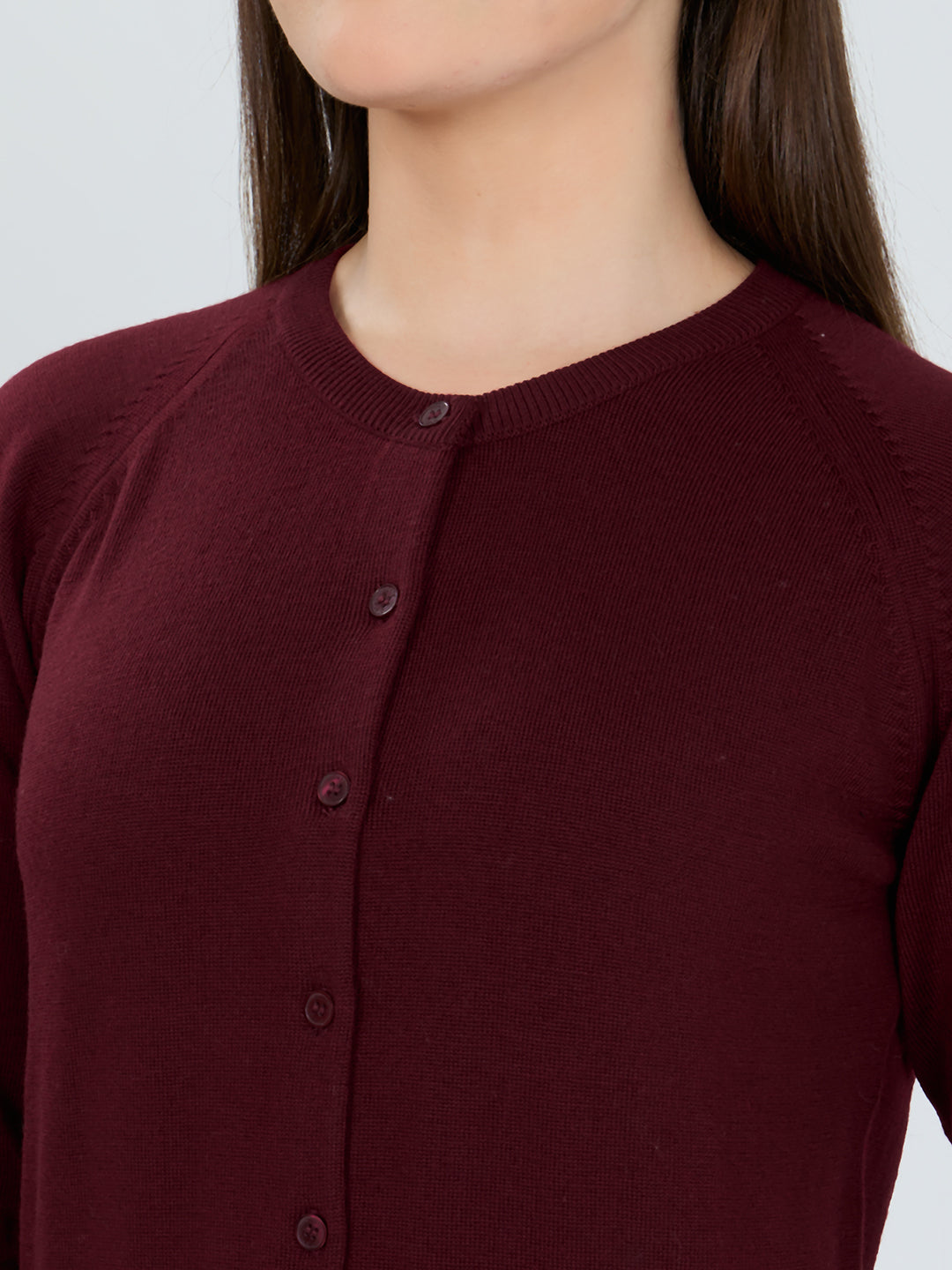 Women Maroon Solid Round Neck Full Sleeve Cardigan