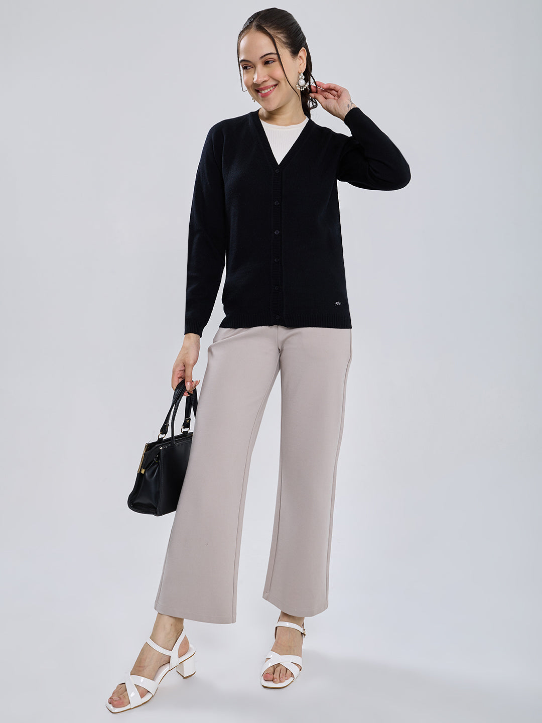 Women Black Solid V Neck Full Sleeve Cardigan