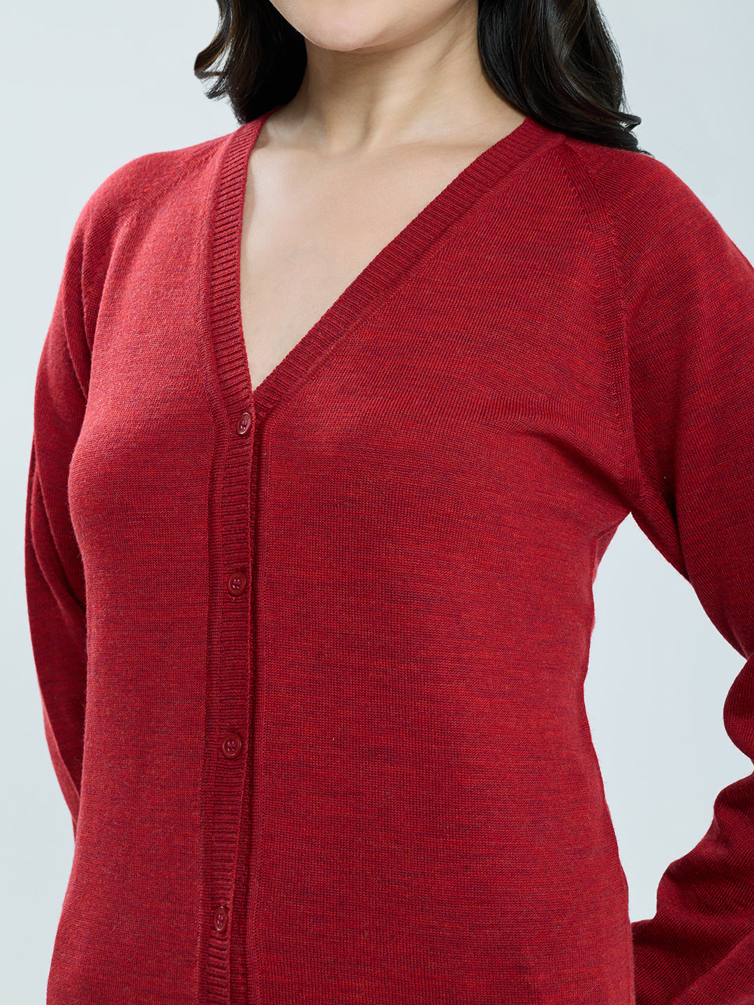 Women Maroon Solid V Neck Full Sleeve Cardigan
