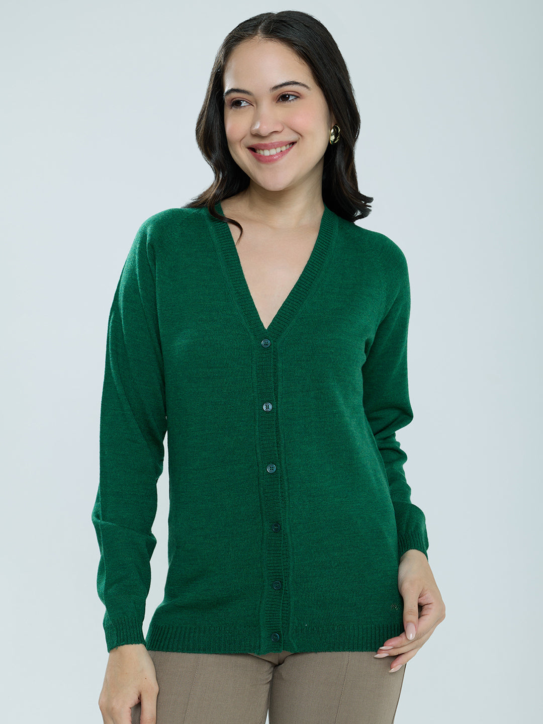 Women Green Solid V Neck Full Sleeve Cardigan