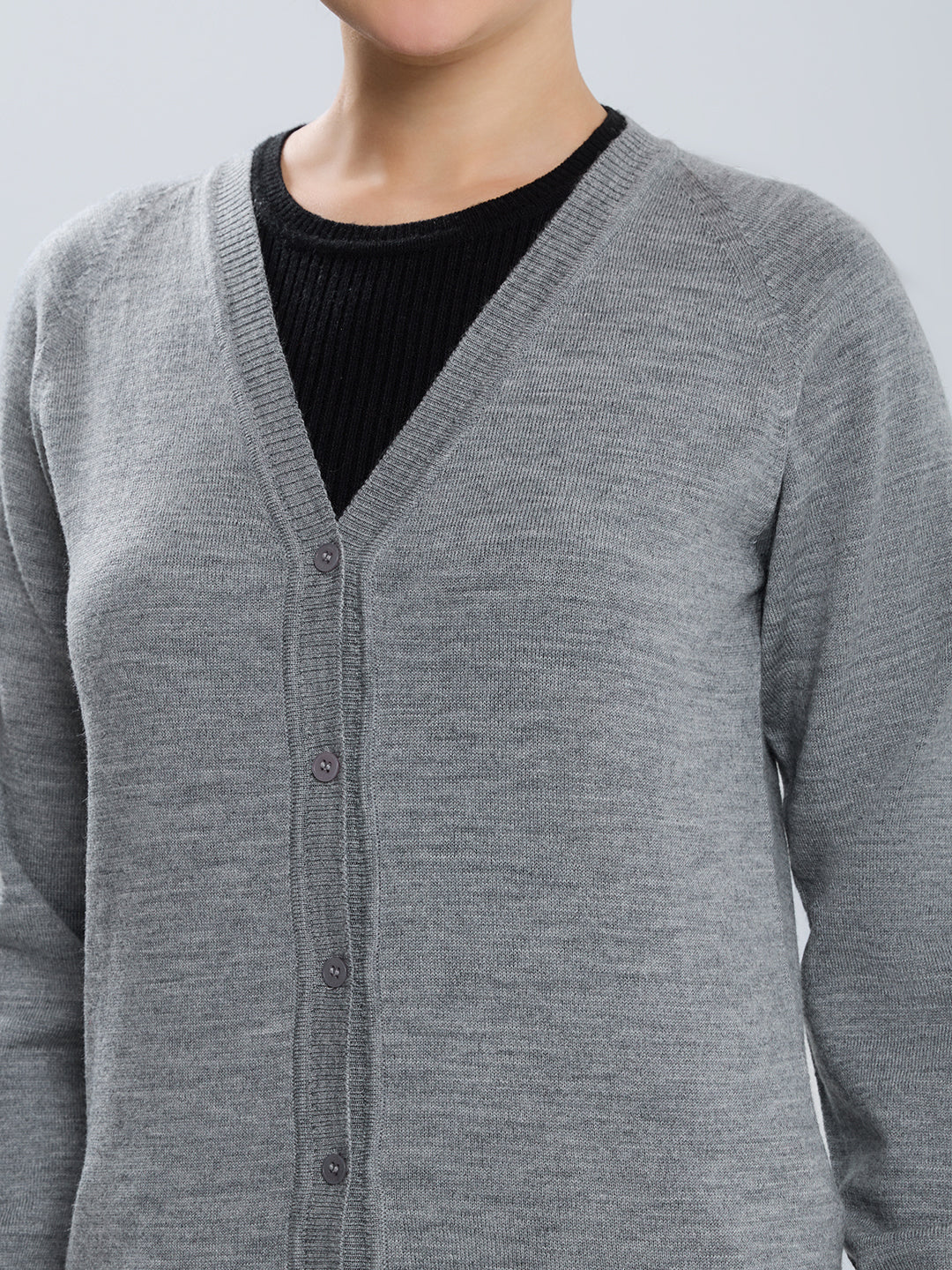 Women Grey Solid V Neck Full Sleeve Cardigan