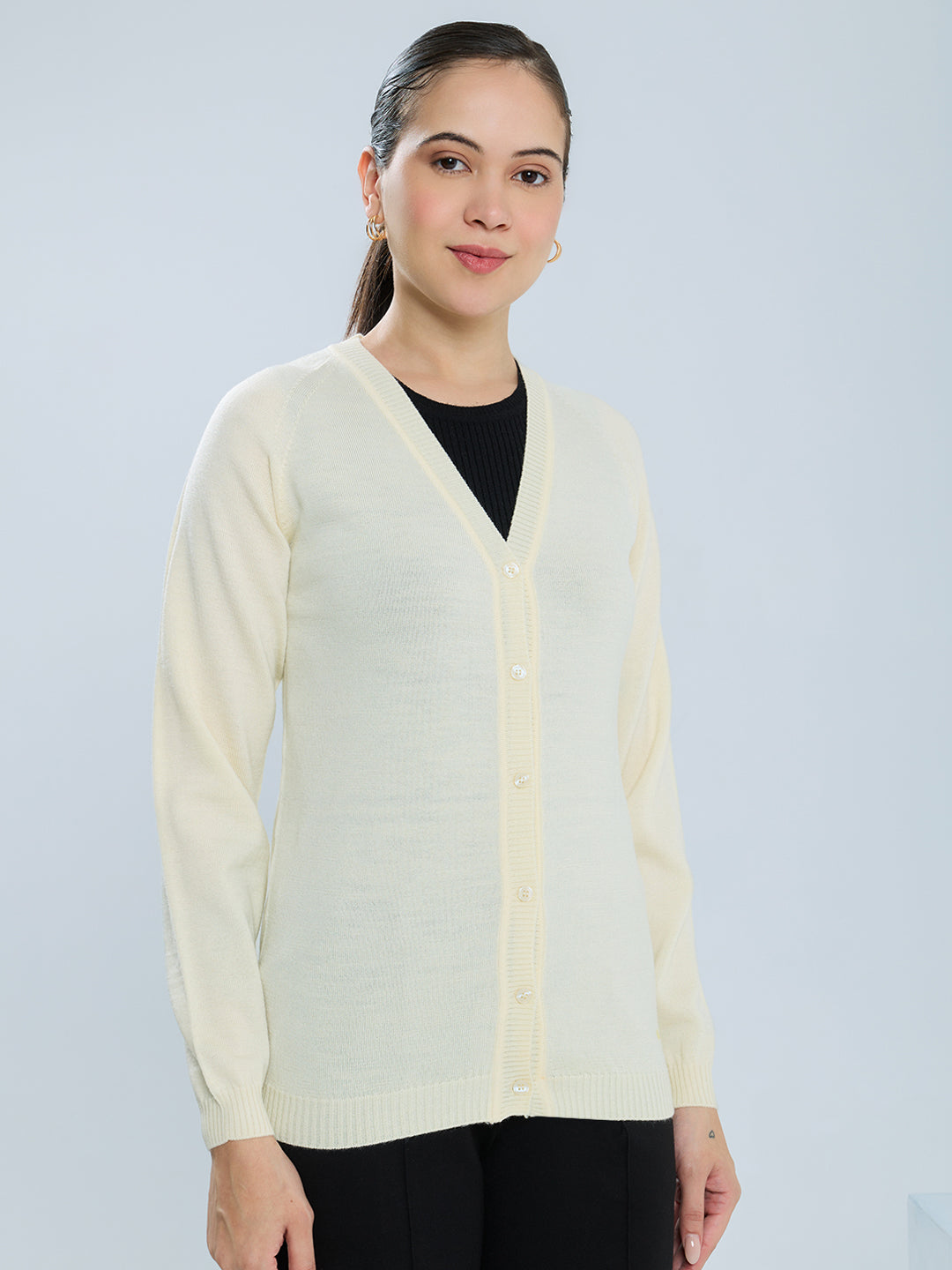 Women Cream Solid V Neck Full Sleeve Cardigan