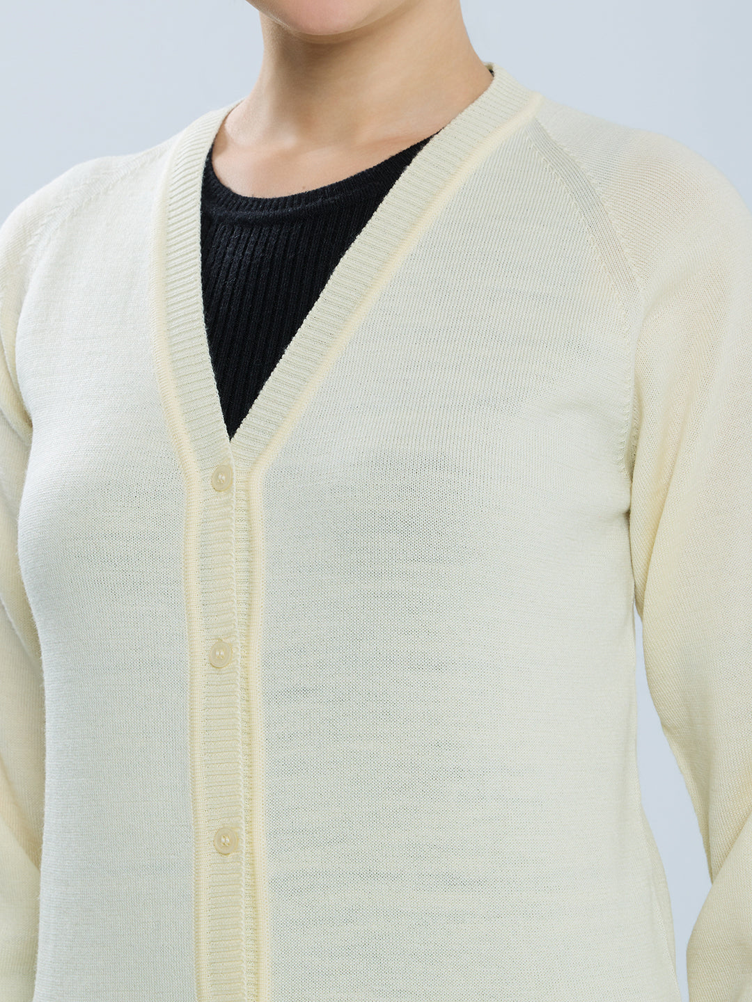 Women Cream Solid V Neck Full Sleeve Cardigan