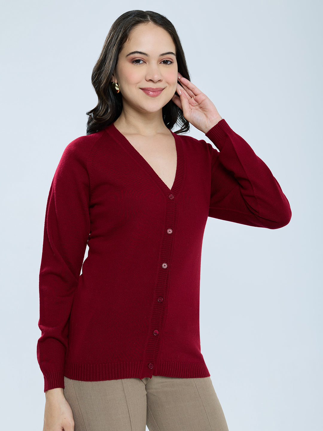 Women Maroon Solid V Neck Full Sleeve Cardigan