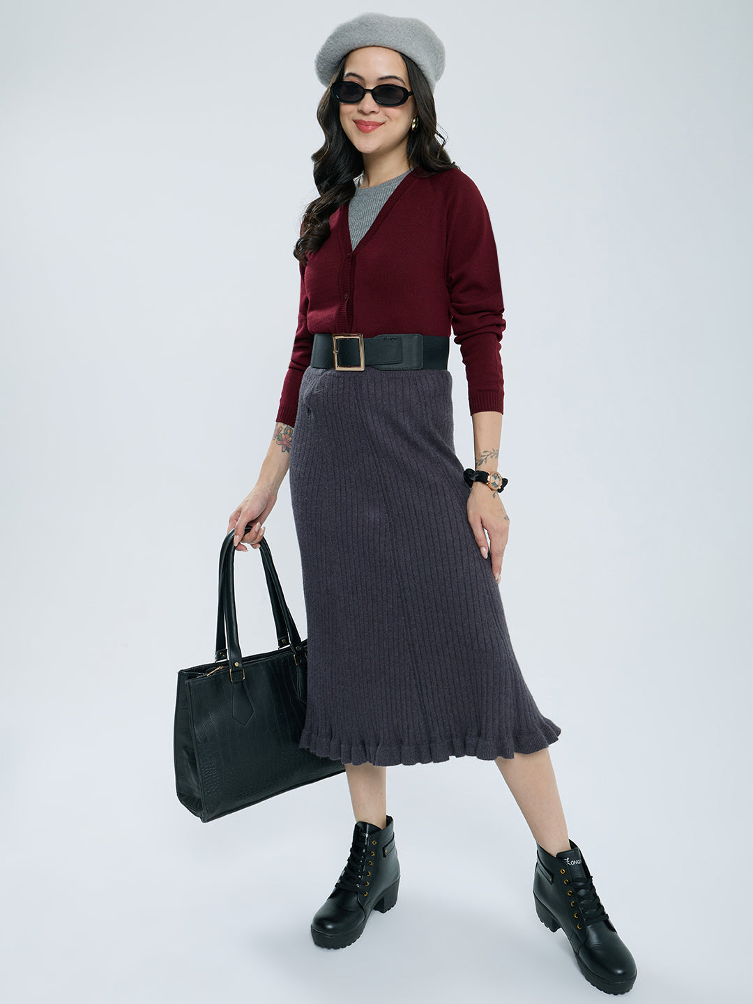 Women Maroon Solid V Neck Full Sleeve Cardigan