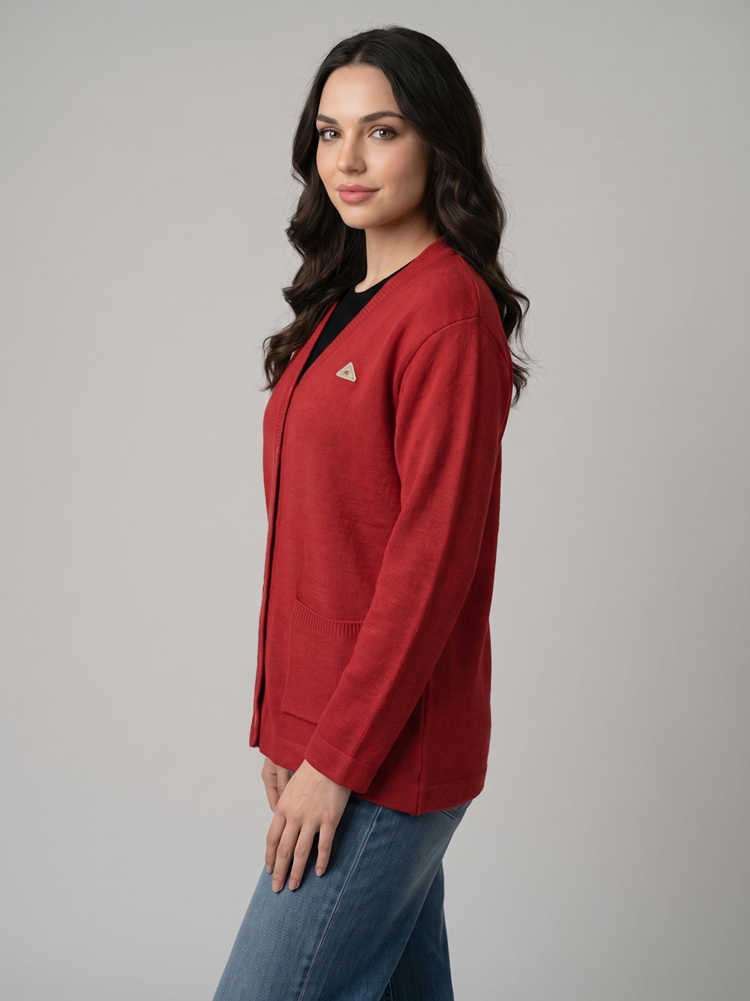 Women Red Solid V Neck Full Sleeve Cardigan