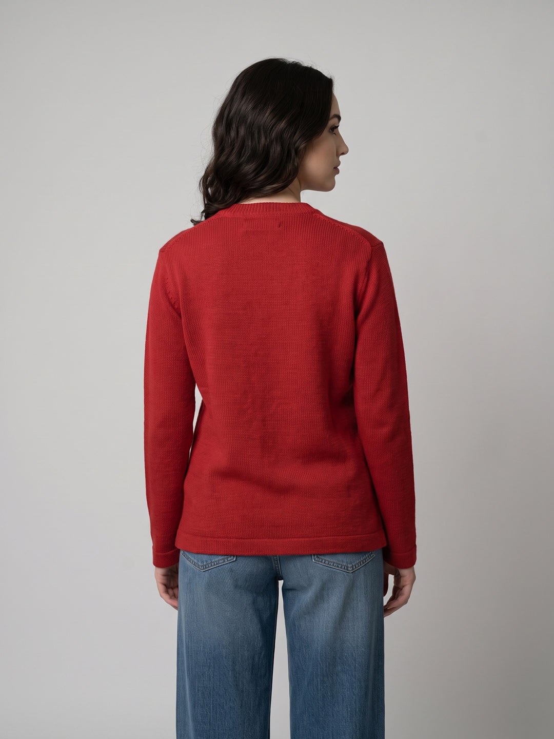 Women Red Solid V Neck Full Sleeve Cardigan