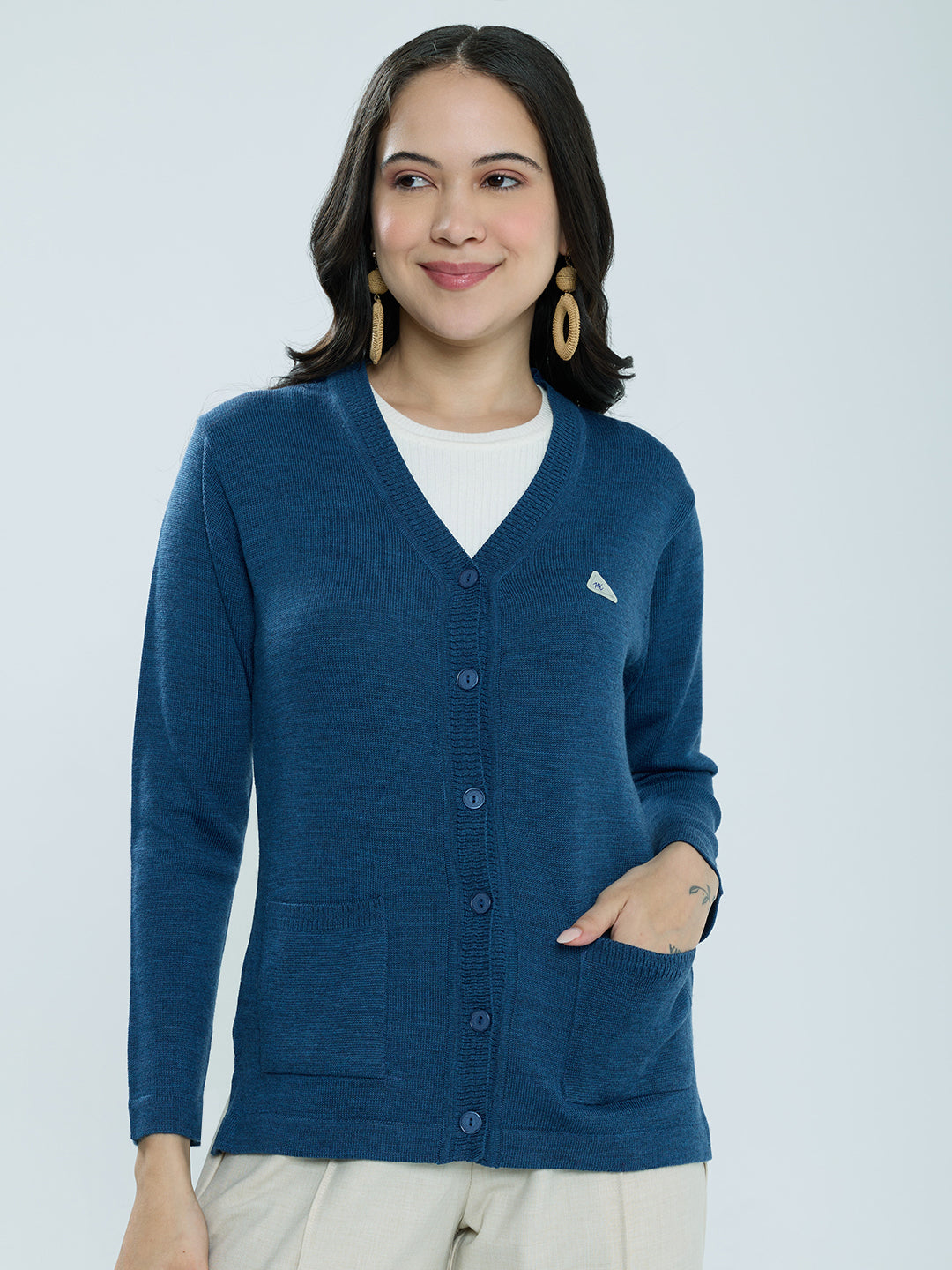 Women Blue Solid V Neck Full Sleeve Cardigan
