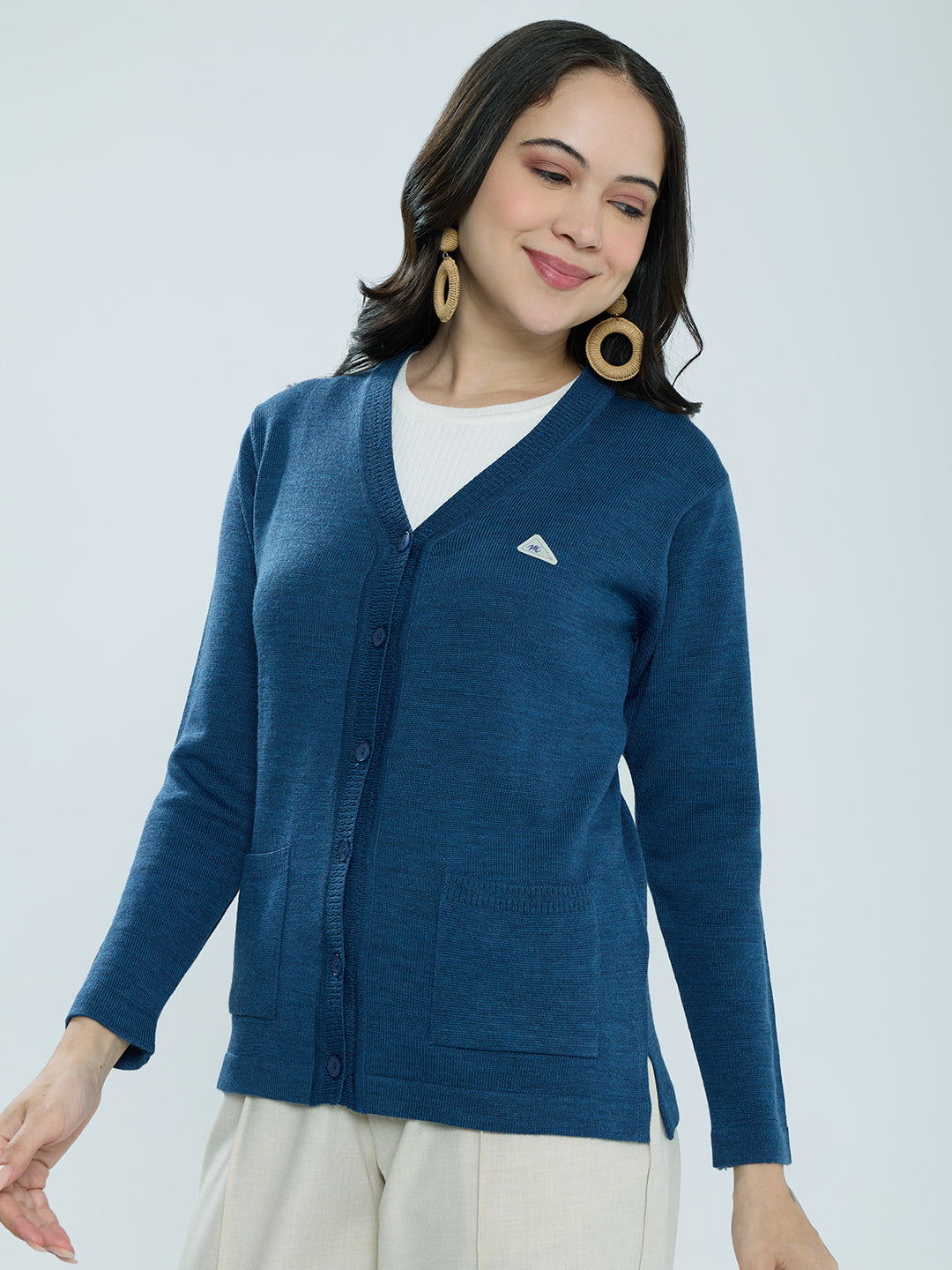Women Blue Solid V Neck Full Sleeve Cardigan