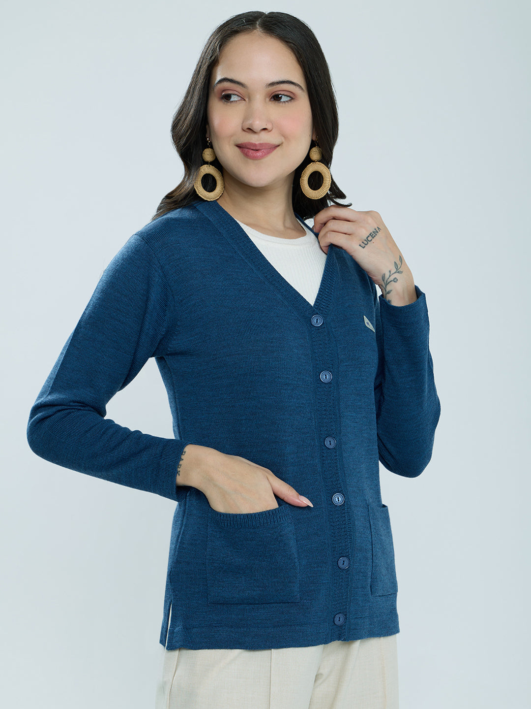 Women Blue Solid V Neck Full Sleeve Cardigan