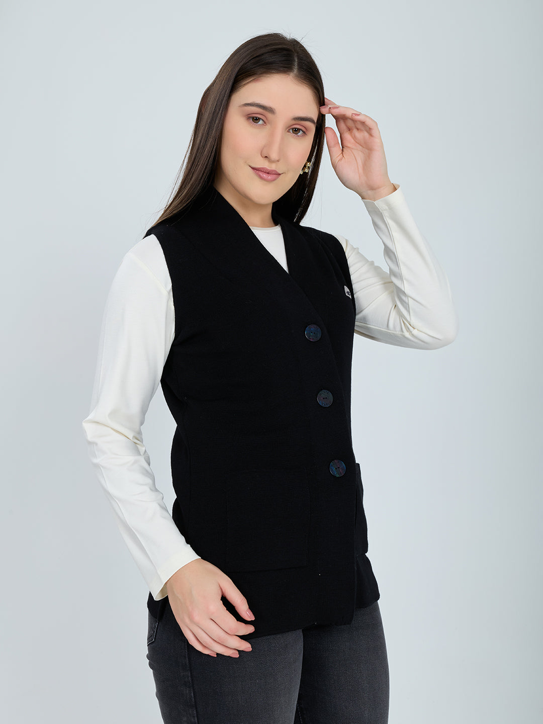 Women Black Solid V Neck Sleeveless Cardigan