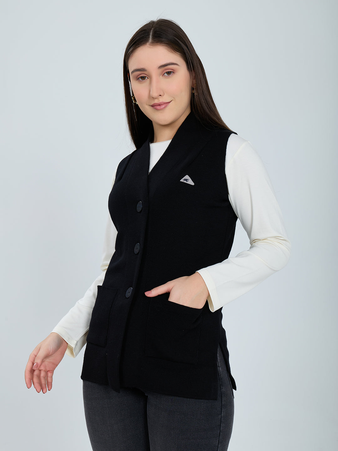 Women Black Solid V Neck Sleeveless Cardigan