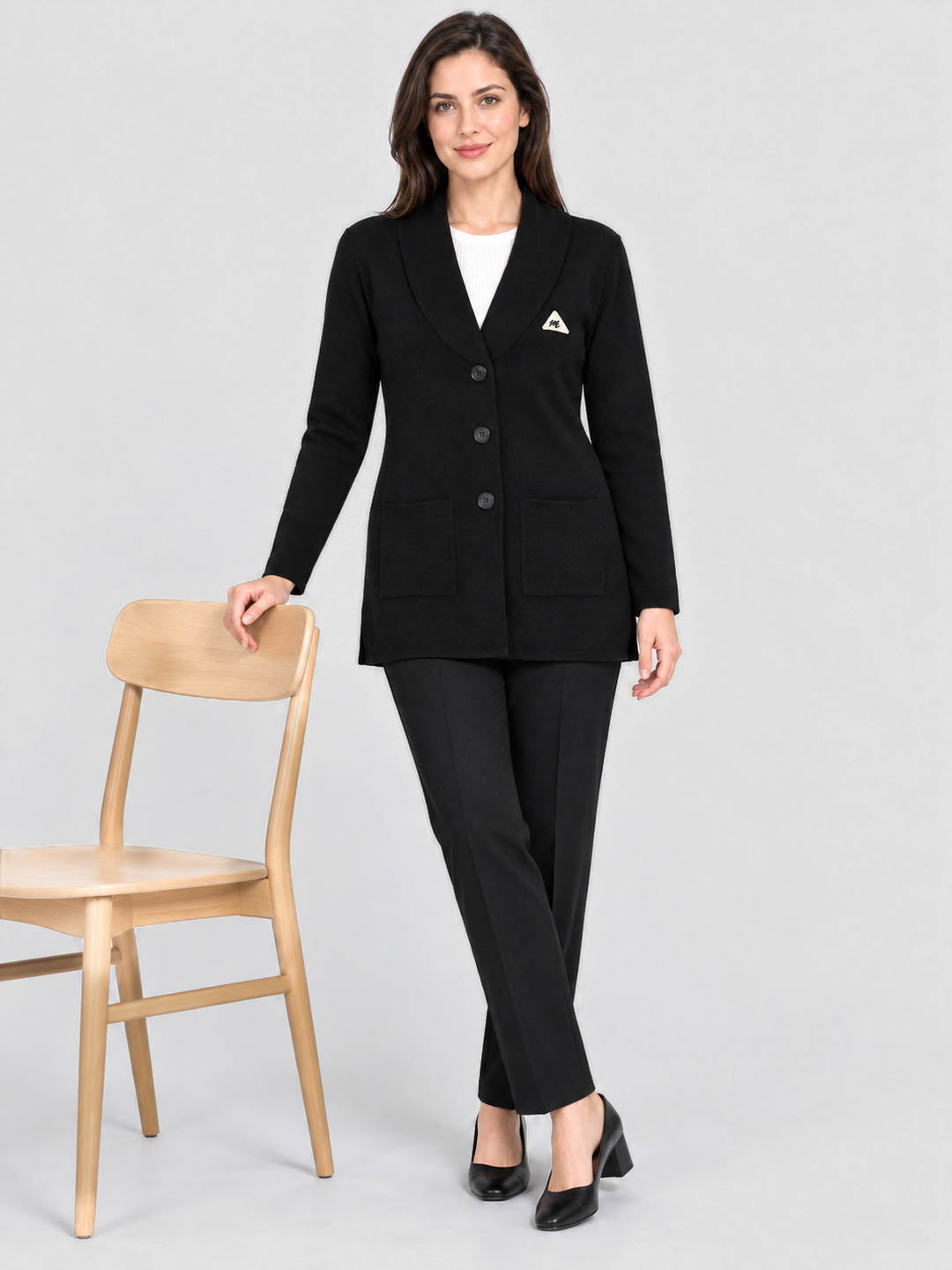 Women Black Solid V Neck Full Sleeve Cardigan