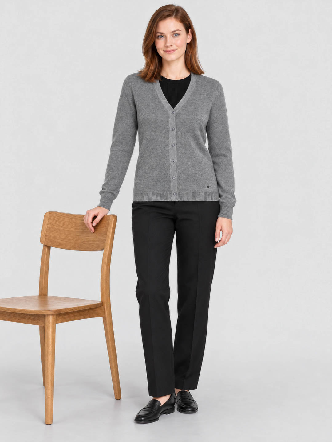 Women Grey Solid V Neck Full Sleeve Cardigan