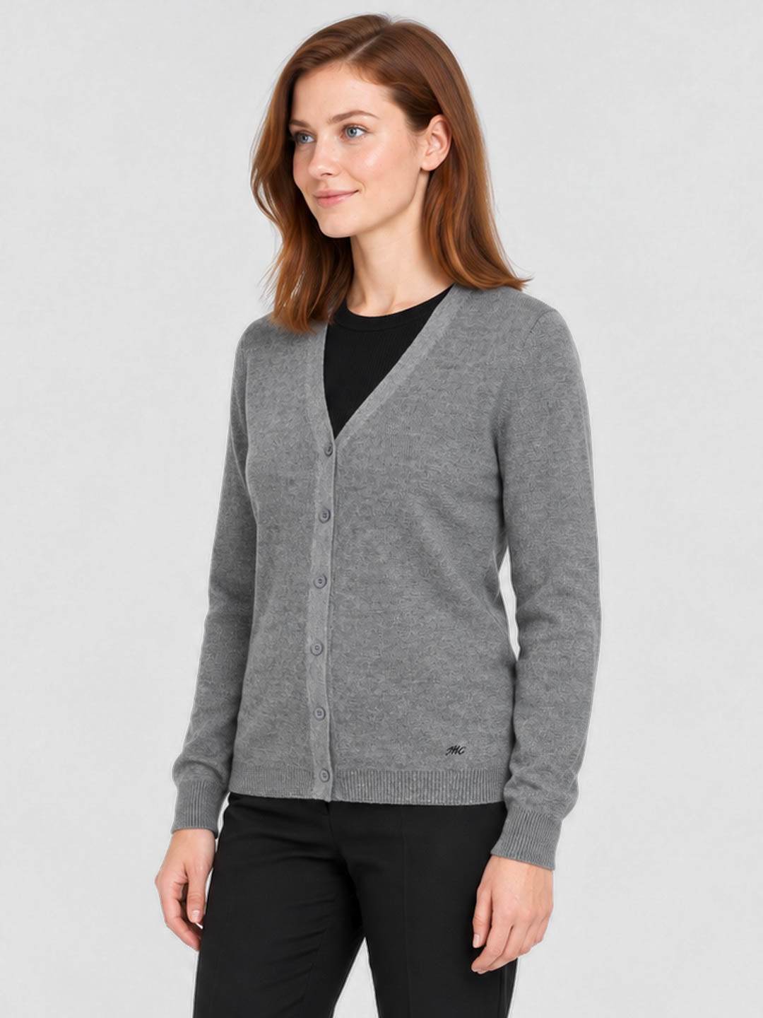 Women Grey Solid V Neck Full Sleeve Cardigan