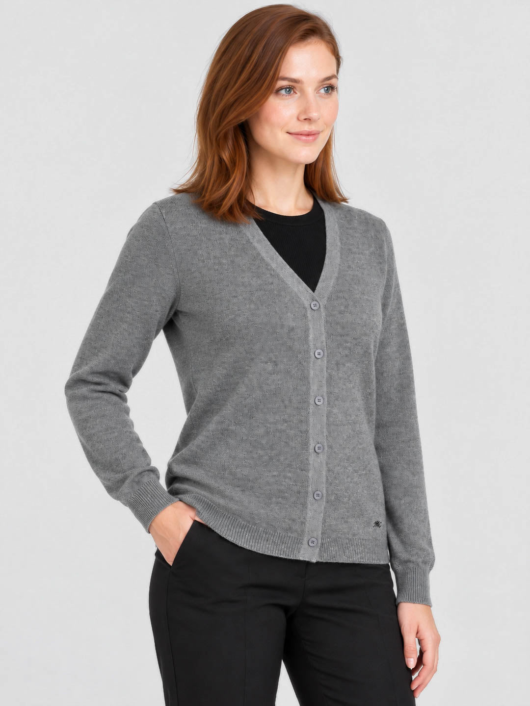 Women Grey Solid V Neck Full Sleeve Cardigan