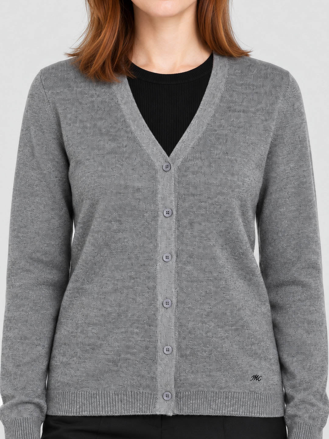 Women Grey Solid V Neck Full Sleeve Cardigan