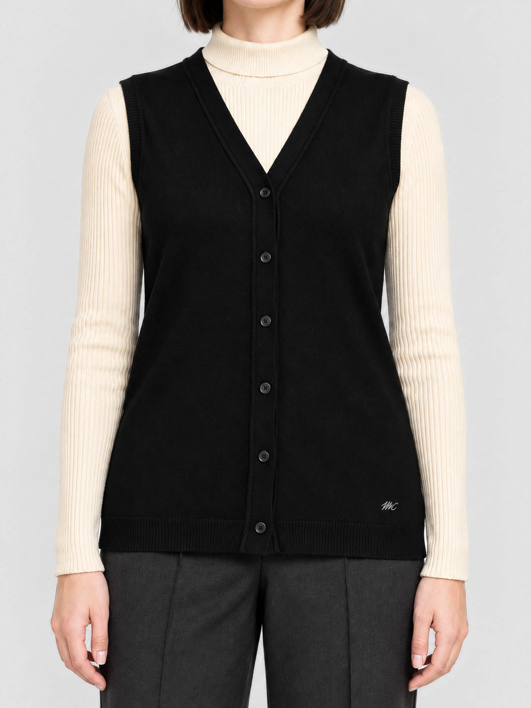 Women Black Solid V Neck Sleeveless Cardigan