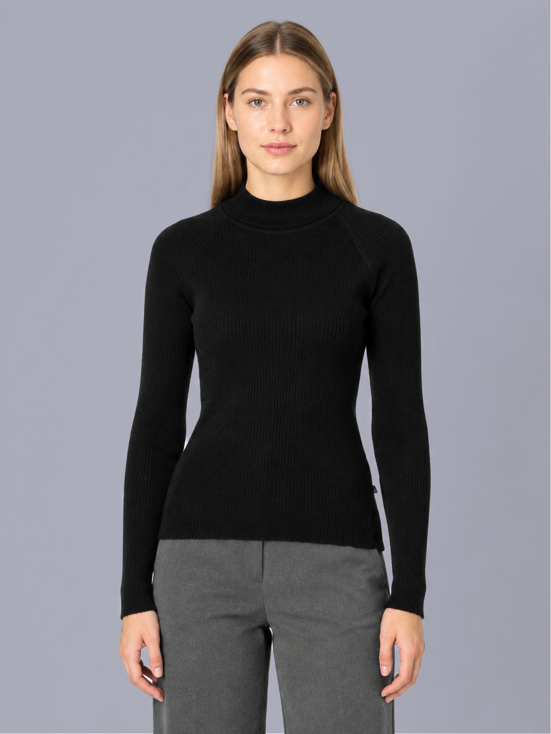 Women Black Solid High Neck Full Sleeve Sceavy