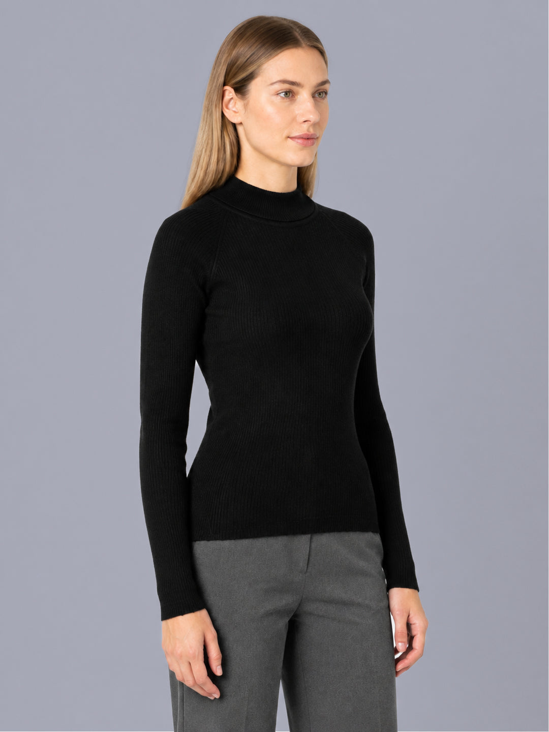 Women Black Solid High Neck Full Sleeve Sceavy