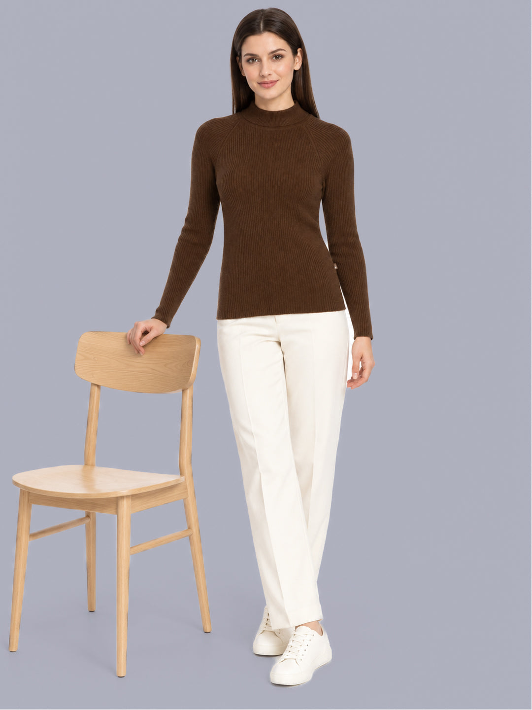 Women Brown Solid High Neck Full Sleeve Sceavy
