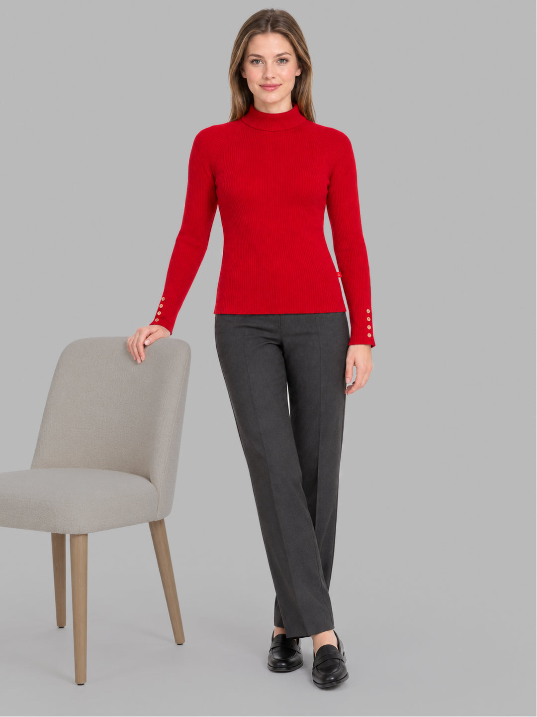 Women Red Solid High Neck Full Sleeve Sceavy