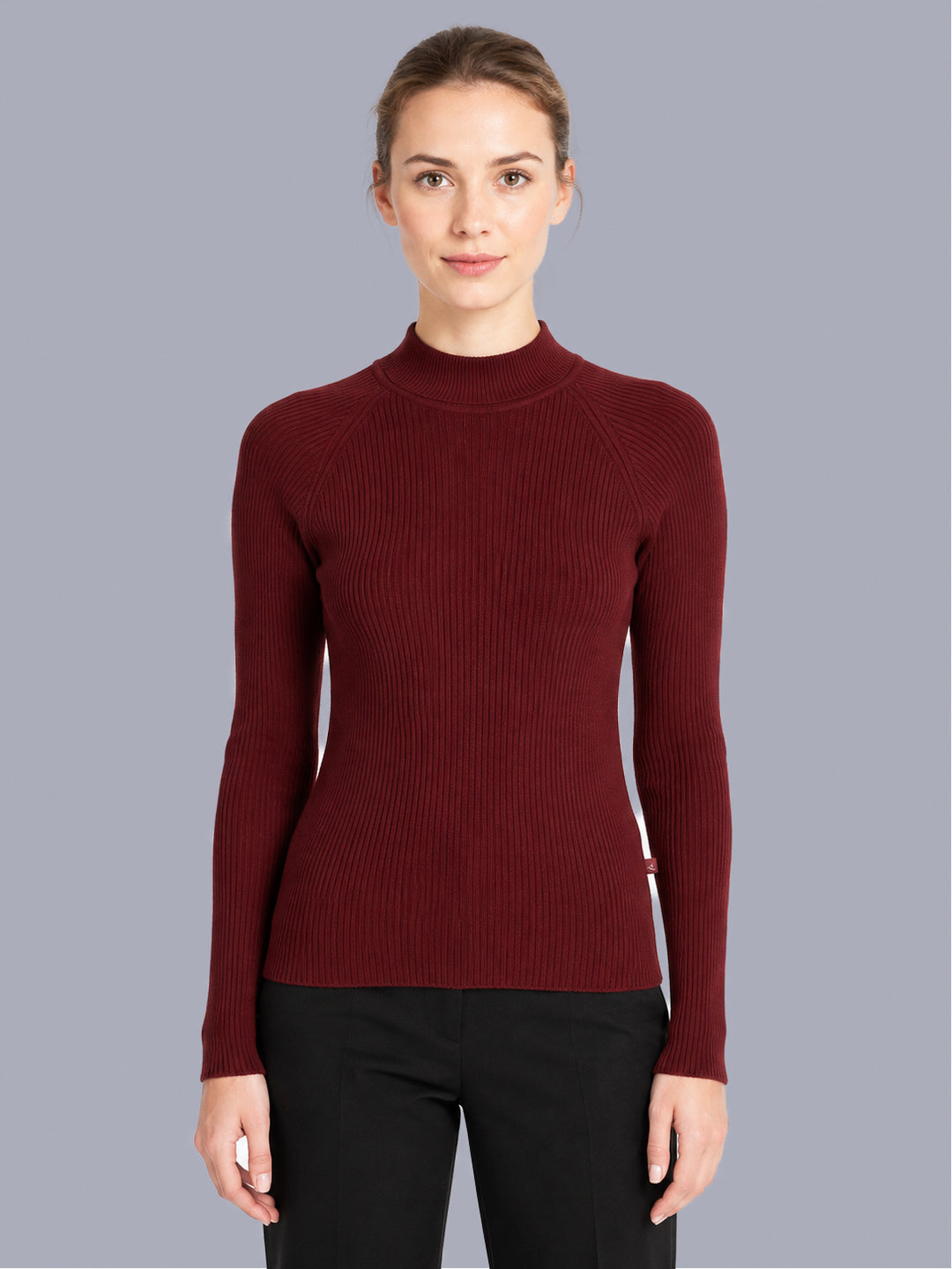 Women Maroon Solid High Neck Full Sleeve Sceavy